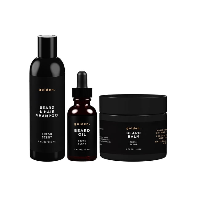 Golden Grooming Co. Paquete para barba – 2 oz de aceite para barba, 4 oz de bálsamo para barba y 8 oz de champú para barba y cabello – Set de cuidado de barba natural para nutrir estilo y limpieza