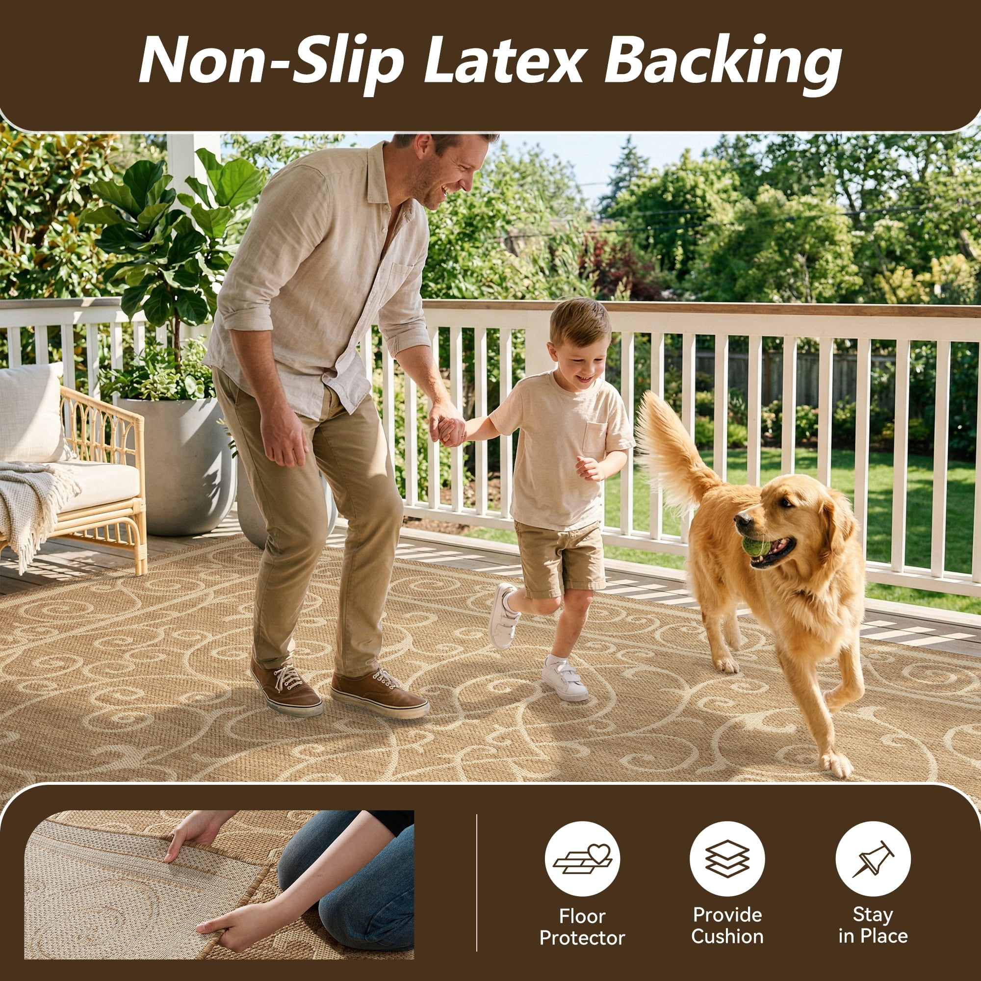 SIXHOME Outdoor Rugs 8'x10' Patio Rug Bohemian Floral Indoor Outdoor Rugs Polypropylene Washable Non Shedding, Easy Clean, Waterproof, Durable Outdoor Carpet for Porch Balcony Deck Neutral Brown
