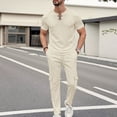thumbnail image 2 of HBGVBA Men Fashion 2 Piece Outfit Solid Color Knit Short Sleeve V-Neck T-Shirt Cargo Long Pants Set, 2 of 5