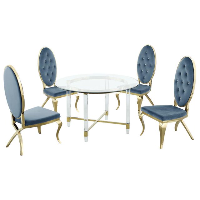 Ensemble de Salle à Manger 5 Pièces avec Table en Verre Circulaire et Accents en Acier Inoxydable Dorés