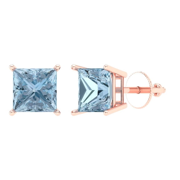 4 ct Screw-Back Stud Earrings for Women | 7.0mm Princess Cut Natural Sky Blue Topaz | 18K Rose Gold
