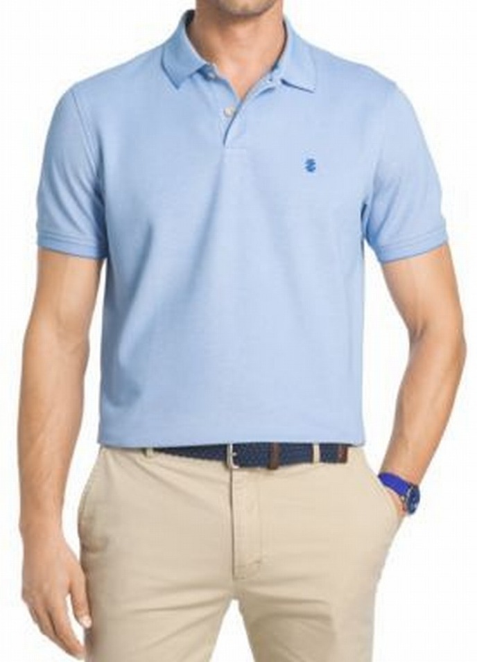 light blue polo and khaki pants