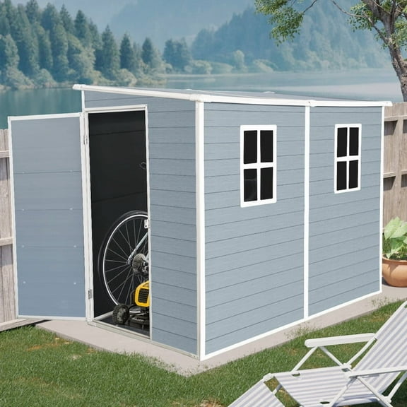 Xcnengy 4x8 ft Outdoor Storage Shed, Lockable Double Door Resin Shed with Floor, 2 Windows & Vents, Waterproof All-Weather Tool Shed for Backyard, Patio, Garden, Gray