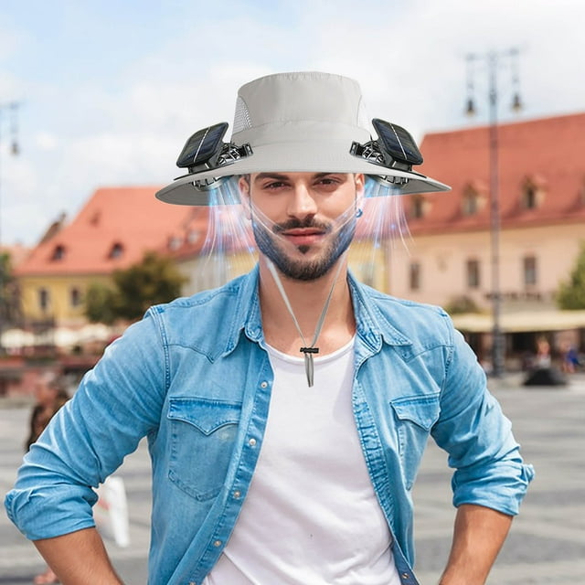 Sombrero de pesca al aire libre con ventilador solar ancho para hombre, sombrero para el sol con ventilador solar, sombreros de pesca con ventilador ajustable de 3 velocidades, sombrero con ventilador
