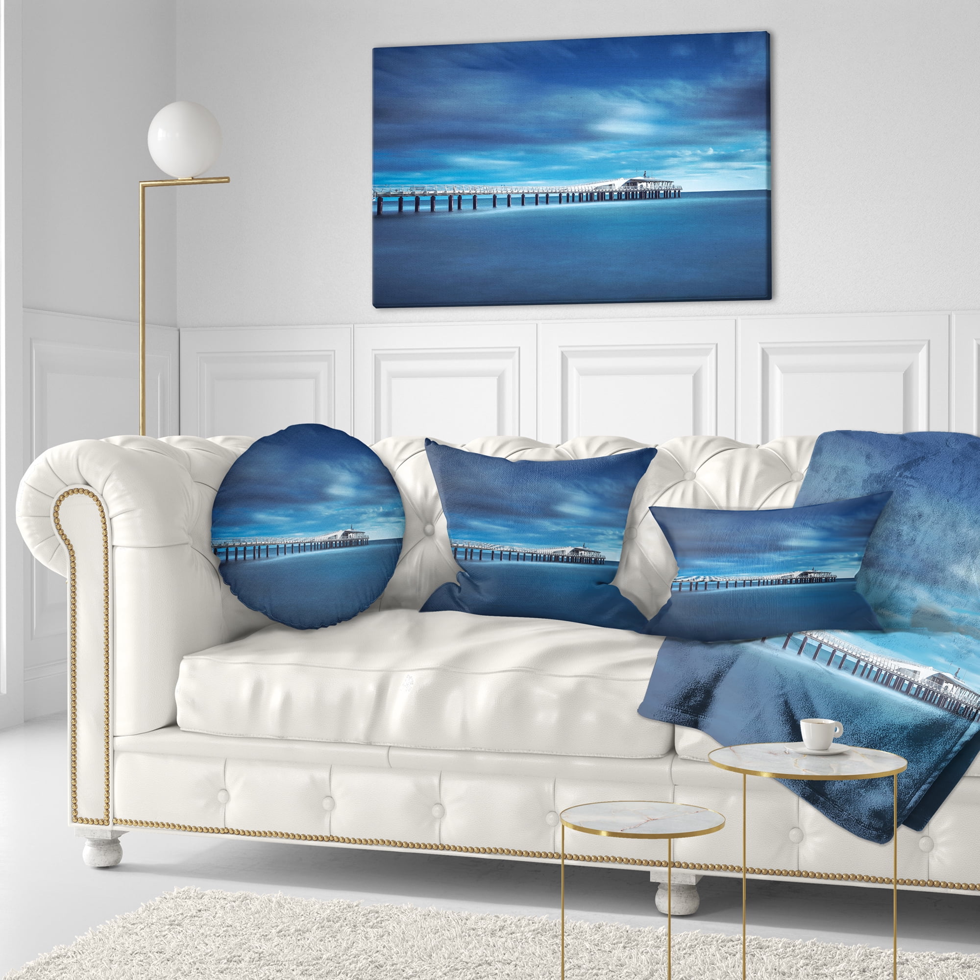 Designart Cloudy Sky Calm Blue Waters - Seascape Throw Pillow - 12x20