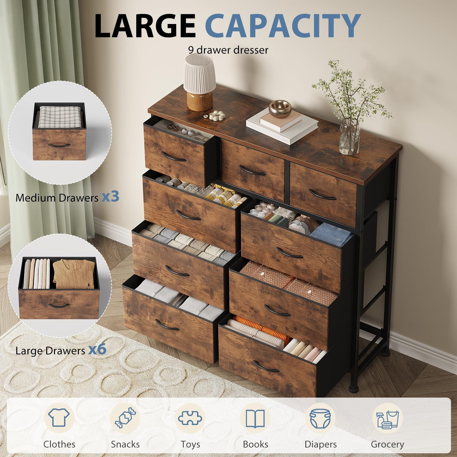 Telyra 9-Drawer Fabric Dresser Tall Storage Tower with Wood Top and Steel Frame Bedroom Closet Organizer, Rust