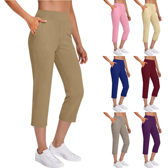 Miluxas Women's Solid High Waisted Cropped Pants Stretchy Pull on Straight Leg Work Casual Trousers with Pockets Vacation Going Out Streetwear Red
