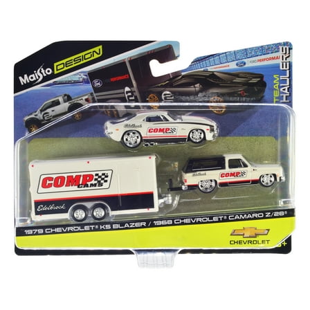 1979 Chevrolet K5 Blazer White and Black and 1968 Camaro Z/28 White w/Stripes w/Trailer 1/64 Diecast Model Car by Maisto