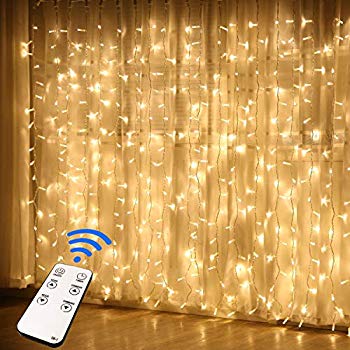 Fiee 300 LED Window Curtain String Light with Remote Control Timer for Christmas Wedding Party Bedroom Garden Wall Outdoor IndoorDecoration Warm White