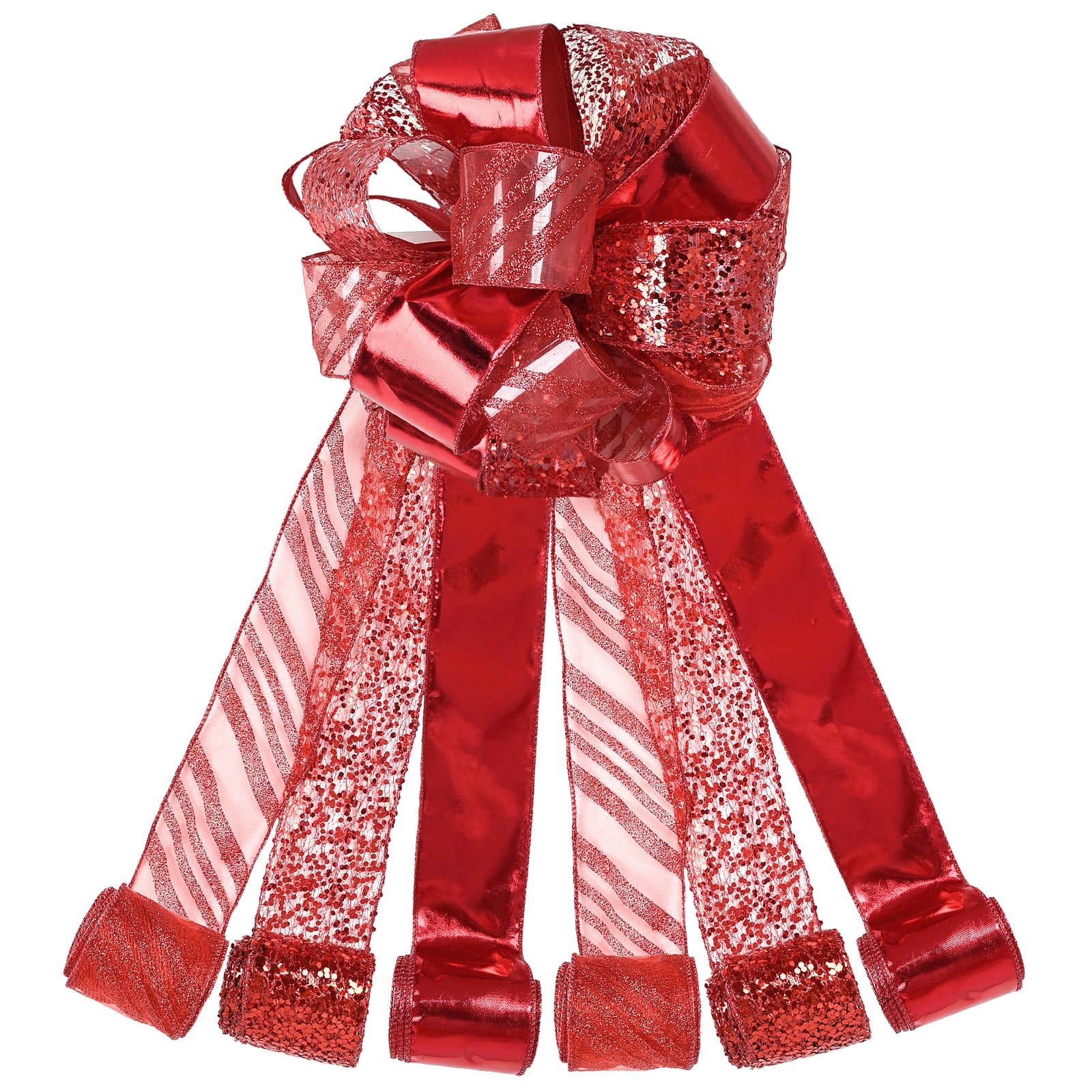 LoomJoyz 11 Inch Red Glitter Christmas Tree Topper Bow - 3 Yards Ribbon Streamer Tails Holiday Decor