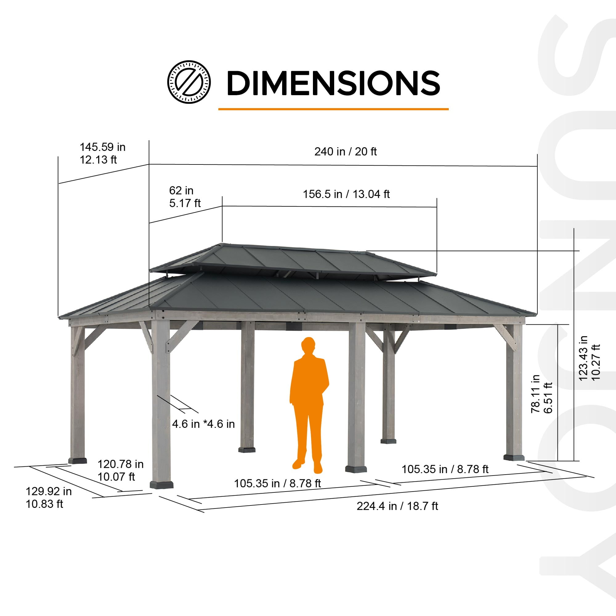 Sunjoy Outdoor 12x20 ft. Wood Gazebo, Outdoor Patio Steel Hardtop Gazebo, Cedar Framed Wooden Gazebo with 2-tier Metal Roof, Suitable for Patios, Lawn, and Backyard, Matte Black