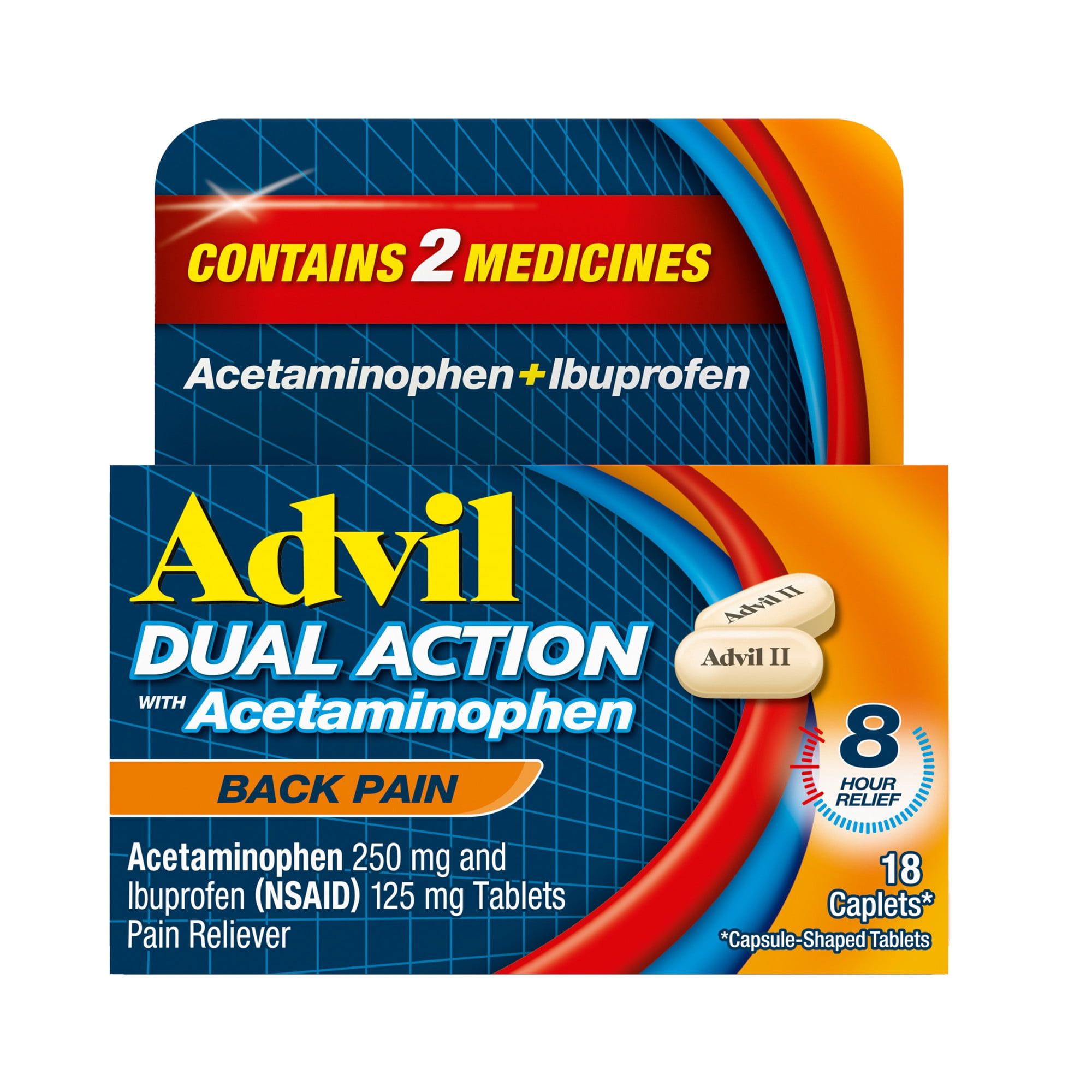 (2 pack) Advil Dual Action Pain Relievers for Back Pain Relief Tablet, 250Mg Ibuprofen and 500Mg Acetaminophen, 18 Count