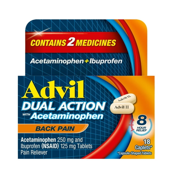 Advil Dual Action Pain Relievers for Back Pain Relief Tablet, 250Mg Ibuprofen and 500Mg Acetaminophen, 18 Count