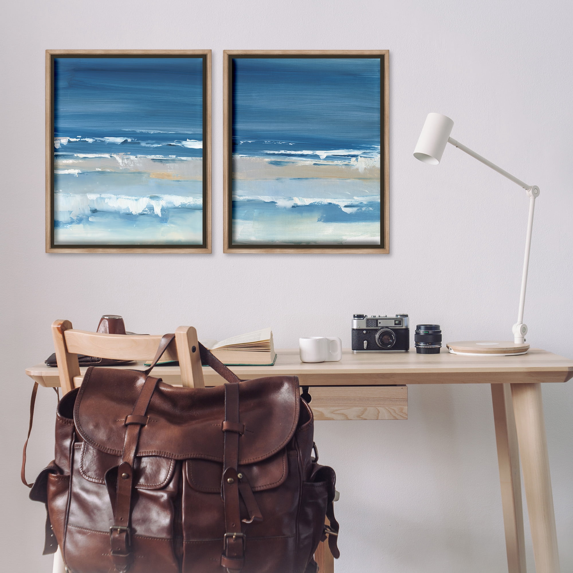 Stupell Industries Crashing Beach Wave Shore Nature Painting Brown Floater Framed Canvas Art Print Wall Art, 25 x 31, Set of 2