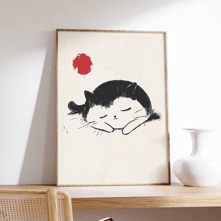 Minimalist Sleeping Cat Japanese Zen Wall Art Print Curated Nature Inspired Theme For Bedroom Office And Home Decor