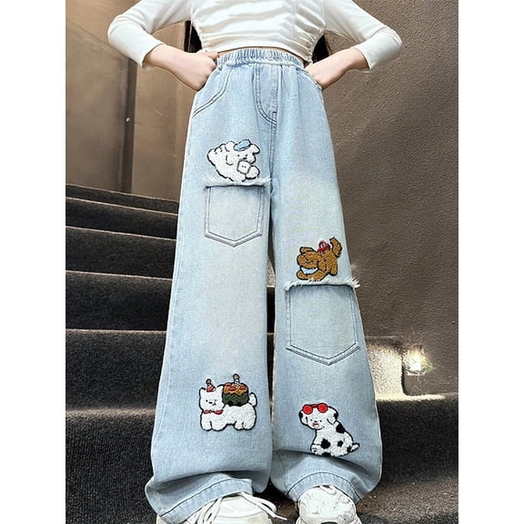 Afuyipoi Girls Fashion Embroidered Jeans Size 8-12 Adjustable Waist Loose Wide Leg Solid Color 100% Denim Casual Long Pants for Kids School Daily Light Blue Size 7