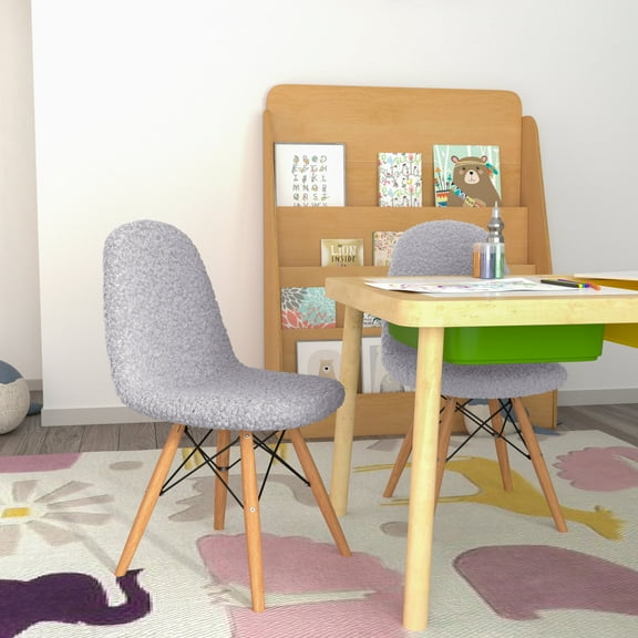 Emma   Oliver Set of 2 Children's Gray Faux Faux Shearling Accent Chairs with Beechwood Legs for Bedroom, Play Room and More