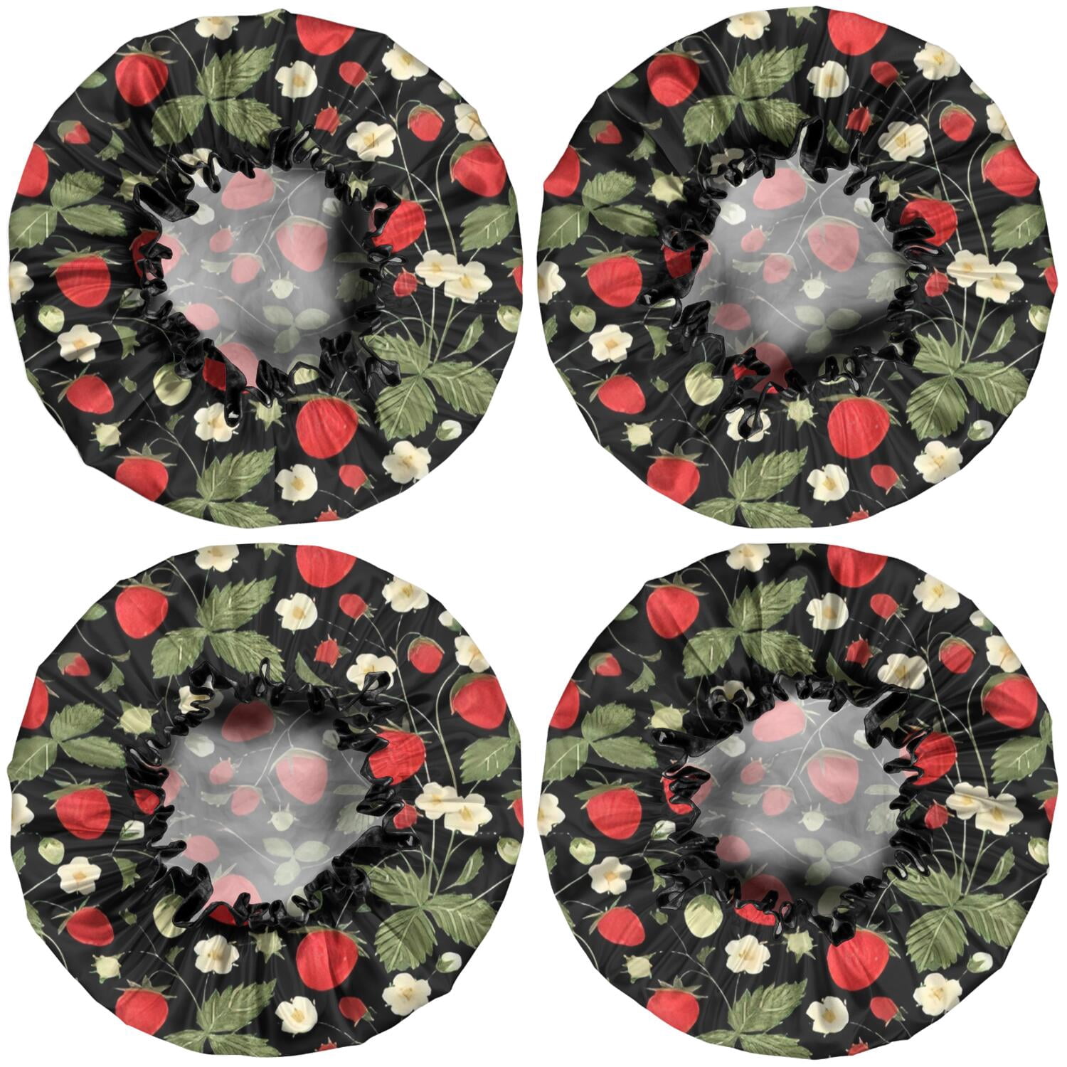Shower Caps,Strawberry Plants Fruit Flower Leaf Waterproof Shower Cap for Women 4 Pieces,Double Reusable Hair Cover for Shower PEVA Elastic Stretch Hem