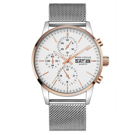Mens Quartz Watch White Face Steel Mesh Belt 3 Dials Date Week Fashion for Friends Lovers Best Holiday Gift (Best Cheap Watches Under 50)