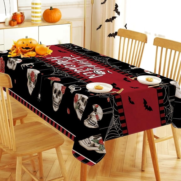 Happy Halloween Skull Rectangle Tablecloth 60 x 84 Inch, Spooky Skeleton Hand Rose Flower Decorative Table Cloth Dining Table Cover, Gothic Spider Web Bat Dinner Party Picnic Decoration