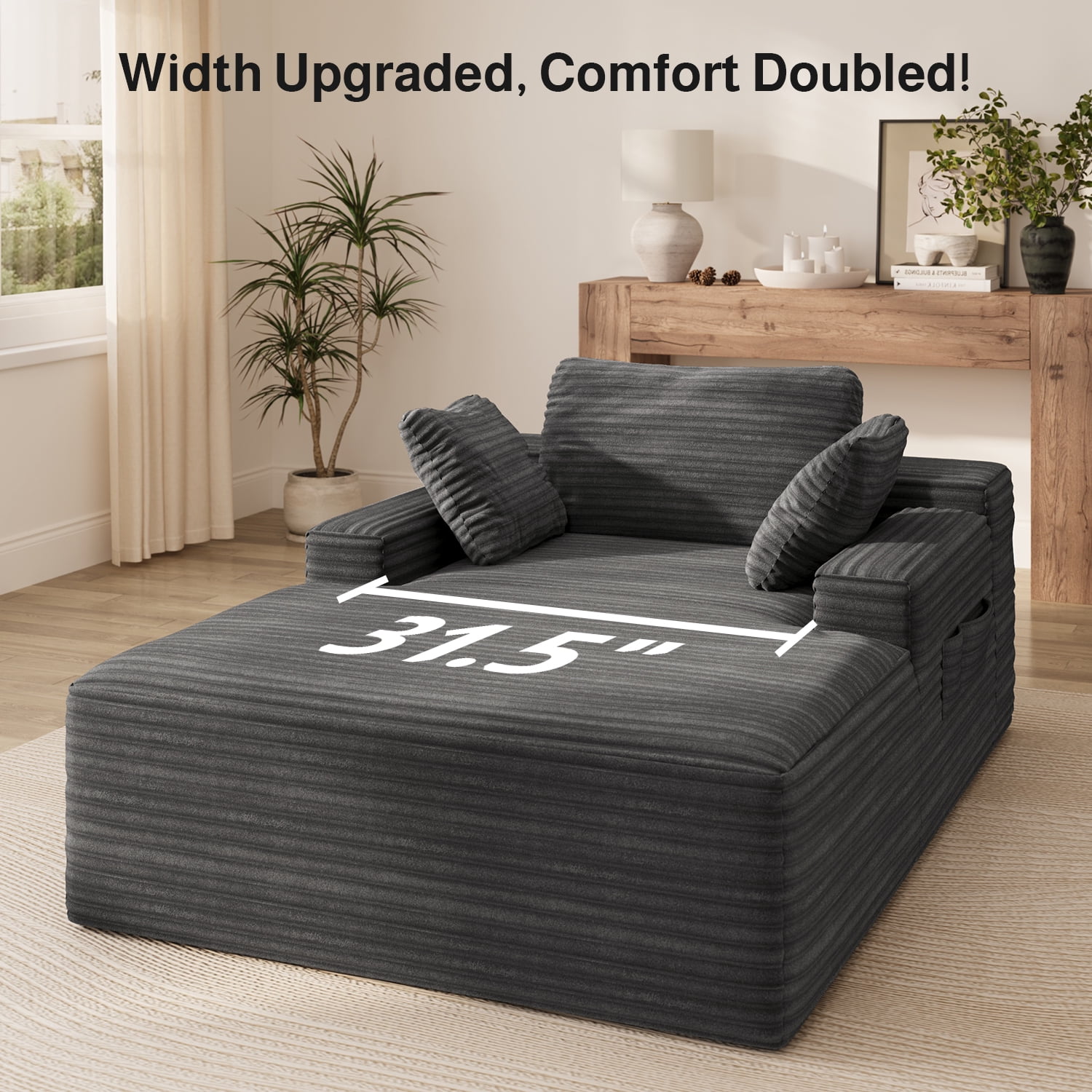 Lofka 47'' Oversized Chaise Lounge Chair Indoor, No Assembly Required, Sleeper Couch Fluffy Plush Corduroy Cloud Sofas Couches for Living Room, Gray