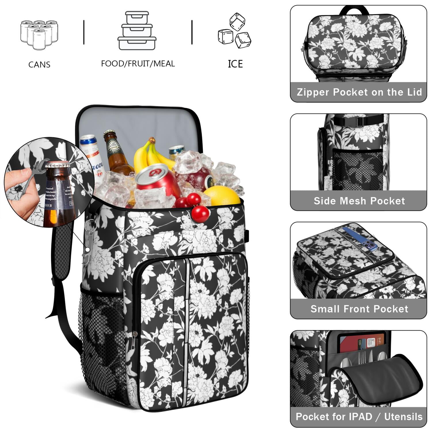 Travel Cooler Bag - Pioneer Flower Floral Print Pattern Camping Beer Cooler Backpack with Bottle Opener- Waterproof Insulated Picnic Backpacks - Cooler Bag for Beach