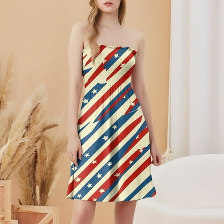 CHCNHAC Sundresses for Women 2025 Independence Day Patriotic Dresses Red White and Blue Print Flattering Flowy Swing Strapless Classy Dress Deep Red S