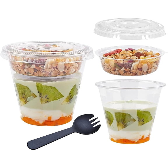 50 Pack 9 oz Disposable Parfait Cups with Lids No Hole, Toppings Compartment and Spork, Yogurt Conatiner with Granola Holder for Take Away Breakfast and Snacks, No Leaking