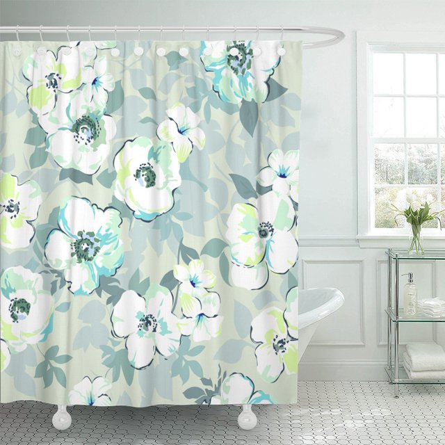 ABPHQTO Cortina De Ducha De Poliéster Aguamarina Blanca Delicada Verde Floral Como Acuarela Patrón Azul 152x180 cm ABPHQTO PKNMT60x72Shower-1050