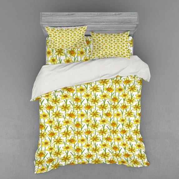 Ambesonne Floral Bedding Set 4 Pcs, Daffodil Bouquets Blossoms, Queen, Yellow Apricot and Green