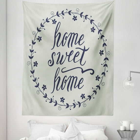 Saying Tapestry, Circular Frame with Little Flowers Leaves and Hand Written Text, Fabric Wall Hanging Decor for Bedroom Living Room Dorm, 5 Sizes, Pale Taupe Dark Blue, by Ambesonne