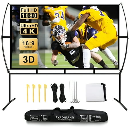 Projector Screen with Stand Foldable Portable Movie Screen 120 Inch  HD 4K Double Sided Projection Screen Indoor Outdoor Projector Movies Screen for Home Theater 16:9