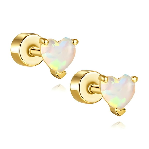 Heart Flat Back Opal Earrings for Cartilage Helix Tragus Lobe16g Gold over Sterling Silver Studs Pair by Ginger Lyne