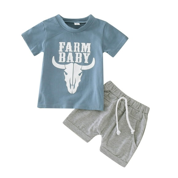 Tenue pour Nouveau-Né Petit Frère Été Imprimé Lettres de Vache Manches Courtes Hauts Shorts Ensemble 2 Pcs Tenues Facile Mix and Match Ensemble Enfant Garcon Bleu 6 Mois-12 Mois