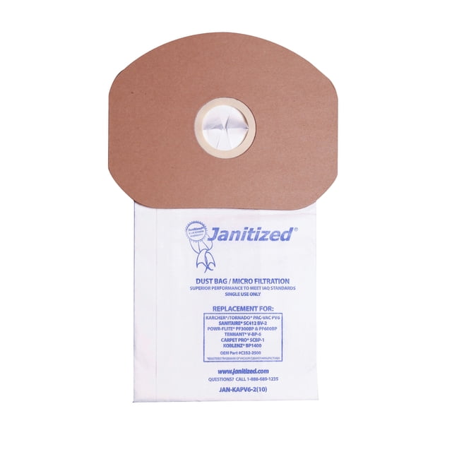 Bolsa de papel de repuesto para aspiradora Janitized JAN-KAPV6-2 (10) para Sanitaire SC412, Karcher Tornado PV6, Cleanmax CMBP-6, Tennant V-BP-6, Power-Flite PF300/600BP (paquete de 10)