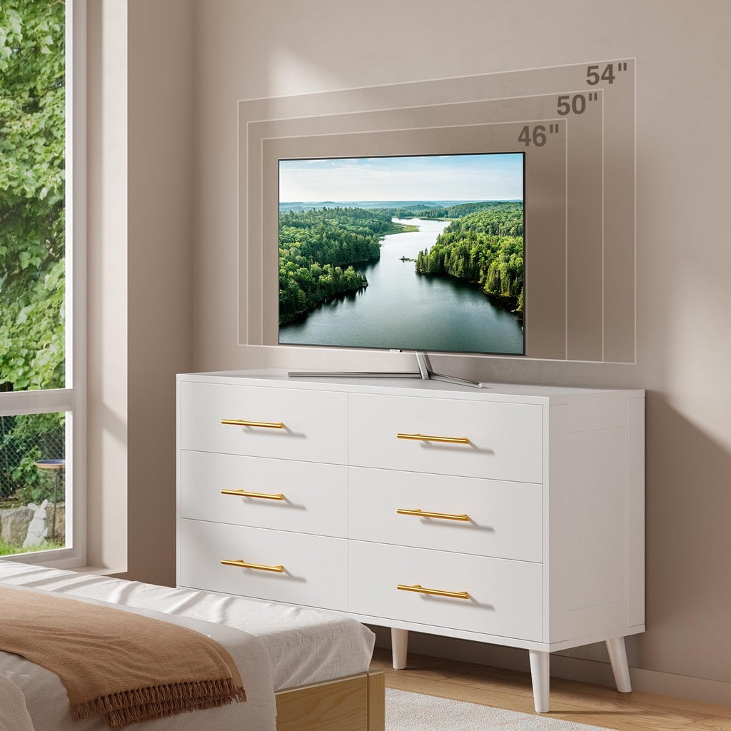 Aiho 6 Drawer Dresser, Wide Chest of Drawers Nightstand Storage Tower Storage Wooden Dresser for Living Room, Bedroom, Hallway - White
