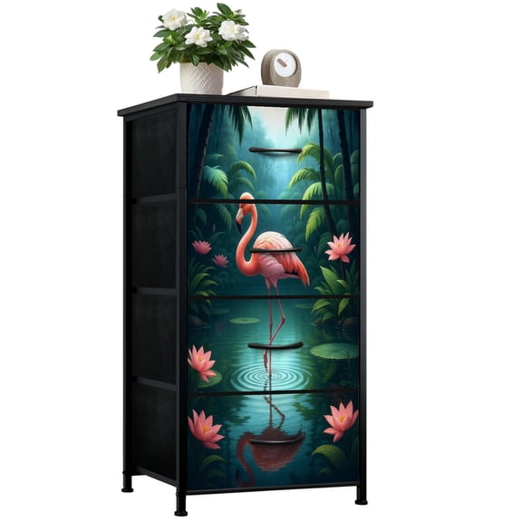 Dresser for Bedroom with 4 Storage Drawers Graceful Pink Tropical Jungle Water Lilies Calm Dressers Chest of Drawers Steel Framed Fabric Closet Organizers for Entryway