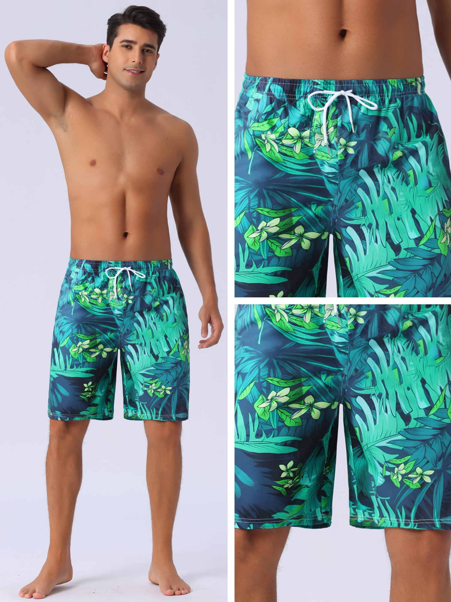 DARING DIVA Men's Floral Print Elastic Waist Drawstring Hawaiian Beach Swim Shorts 30 Dark Green