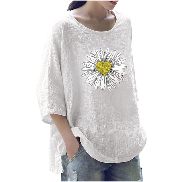 Camiseta holgada de manga 3/4 con cuello redondo y estampado a la moda para mujer Pompotops FGAJ4216