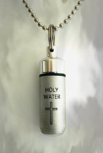 Brushed Silver Mini ENGRAVED HOLY WATER Bottle/Vial/Urn - Includes Velvet Pouch, Ball-Chain & Fill Kit