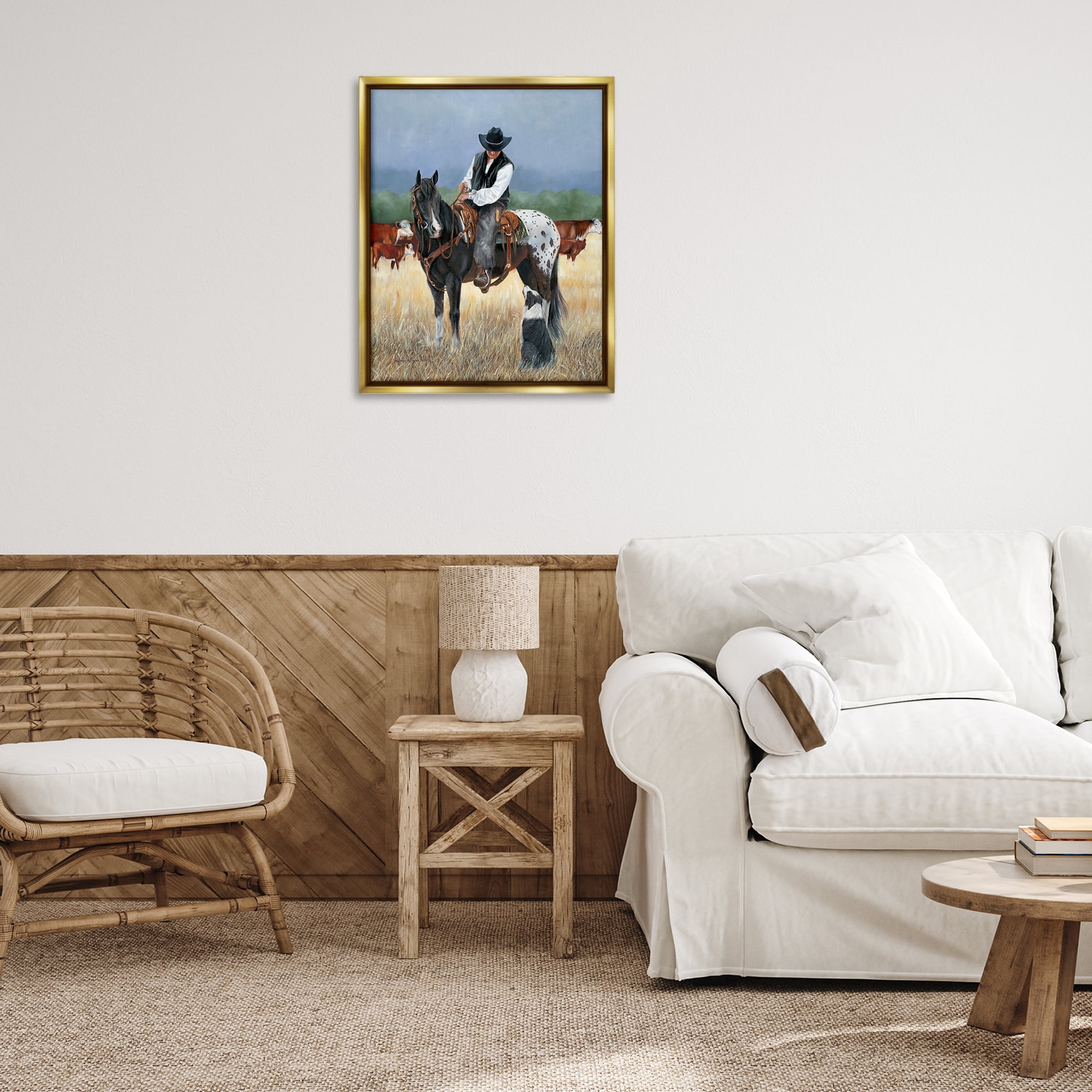 Stupell Industries Cowboy & Dog Animals & Insects Painting Gold Floater Framed Canvas Art Print Wall Art, 25 x 31