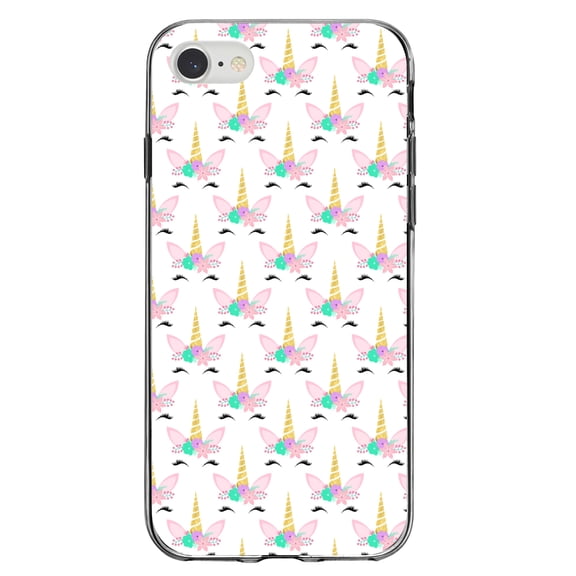 DistinctInk Clear Shockproof Hybrid Case for iPhone 7 8 SE (2020 Model) 4.7" Screen TPU Bumper Acrylic Back Tempered Glass Screen Protector - Pastel Unicorn Pattern - White Pink Teal