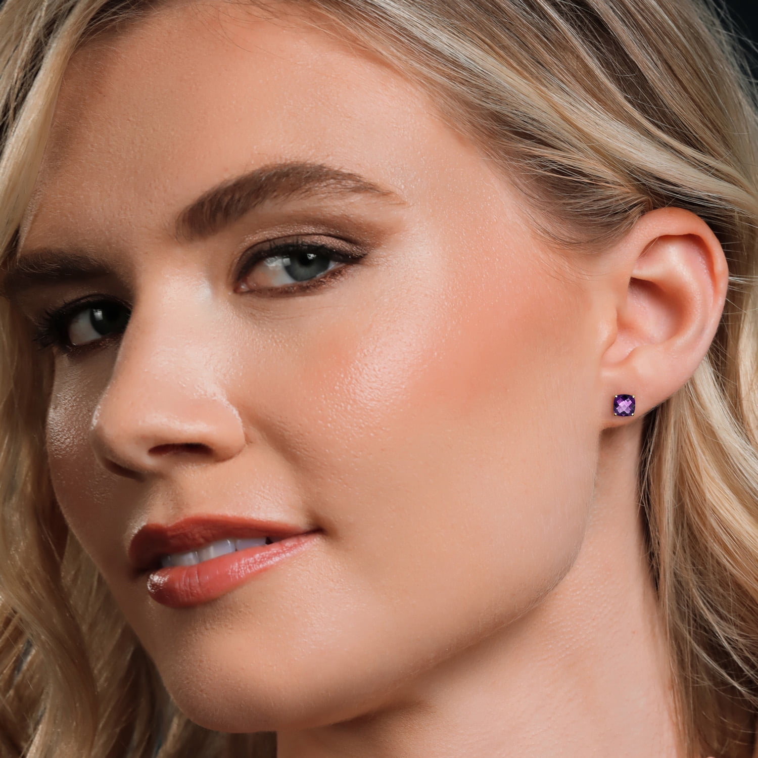 Gem Stone King 14K Yellow Gold Purple Amethyst Double Notch Stud Earrings | 1.40 Cttw | Gemstone February Birthstone | Cushion Checkerboard 6MM | Gold Earrings for Women Men