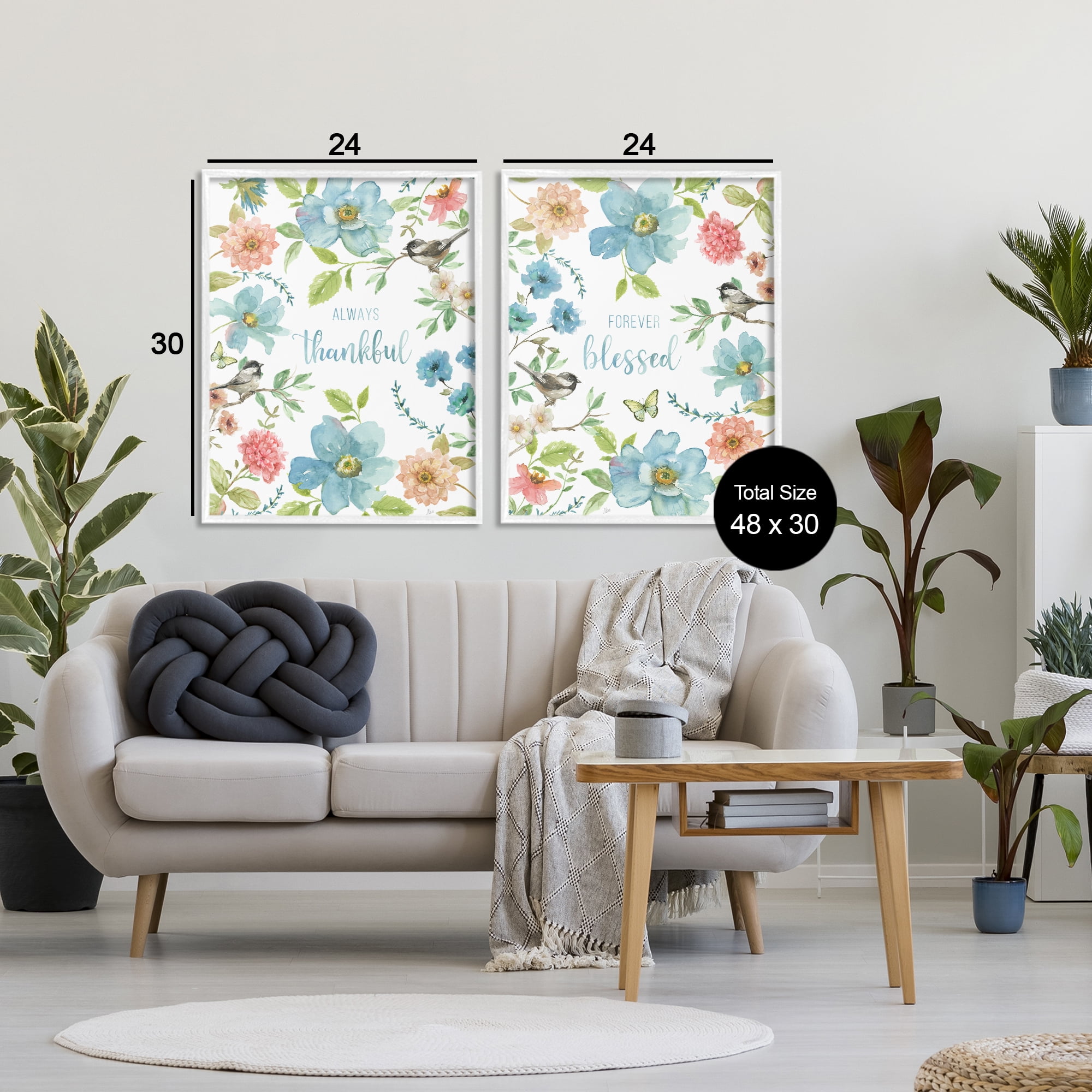 Stupell Industries Pink & Blue Gratitude Blooms 2 Piece White Framed Giclee Art Set, design by Nan