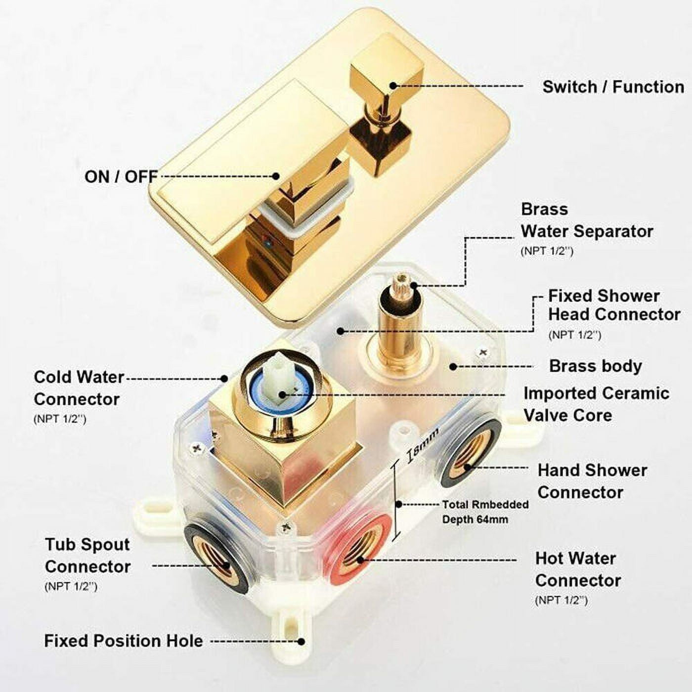 Gold Rainfall 12" Shower Head Combo Set System Faucet Kit with Wall Mixer Valve