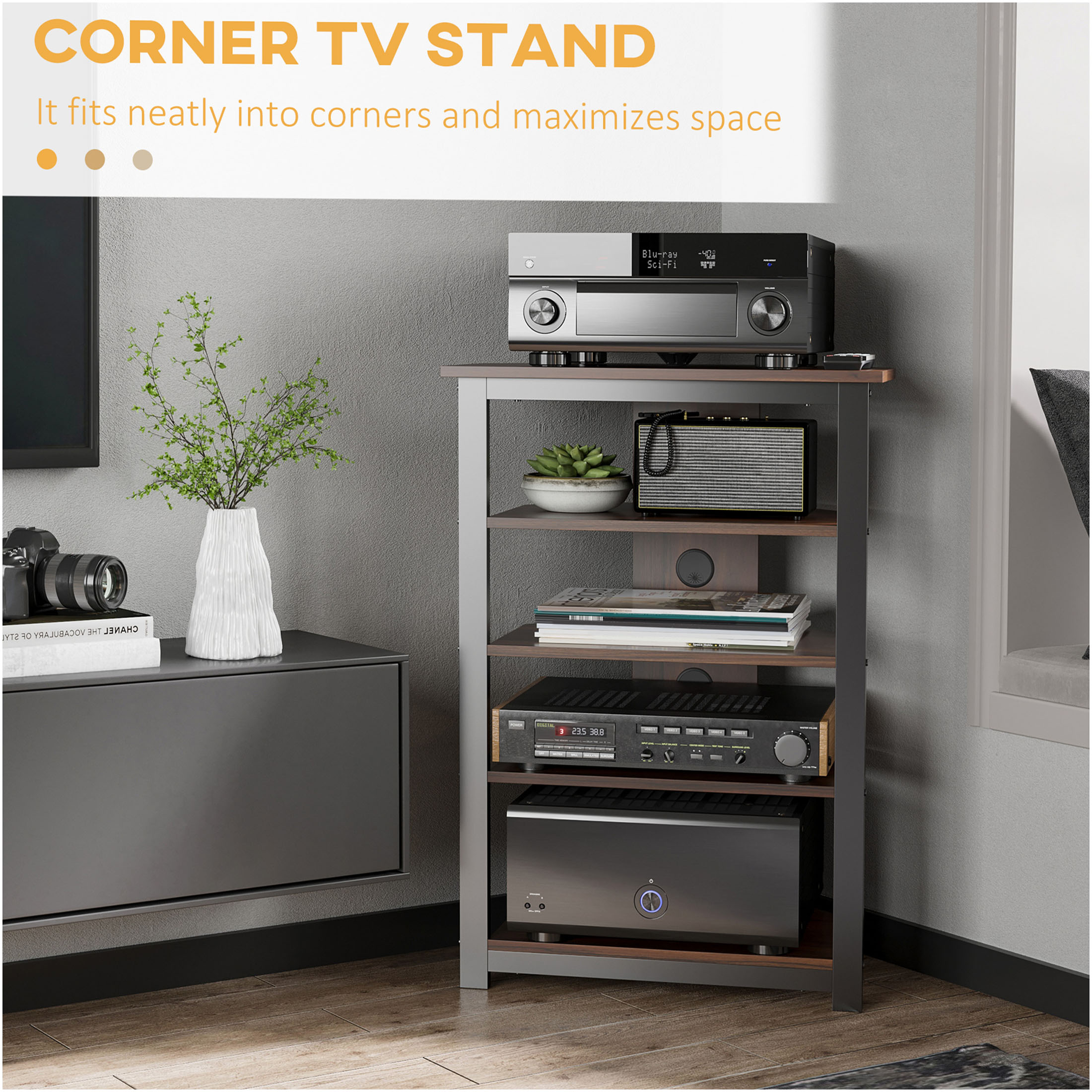 JERFIT Corner TV Stand for TVs up to 29", Brown Media Entertainment Center with Storage Shelves, Space Saving Design for Living Room