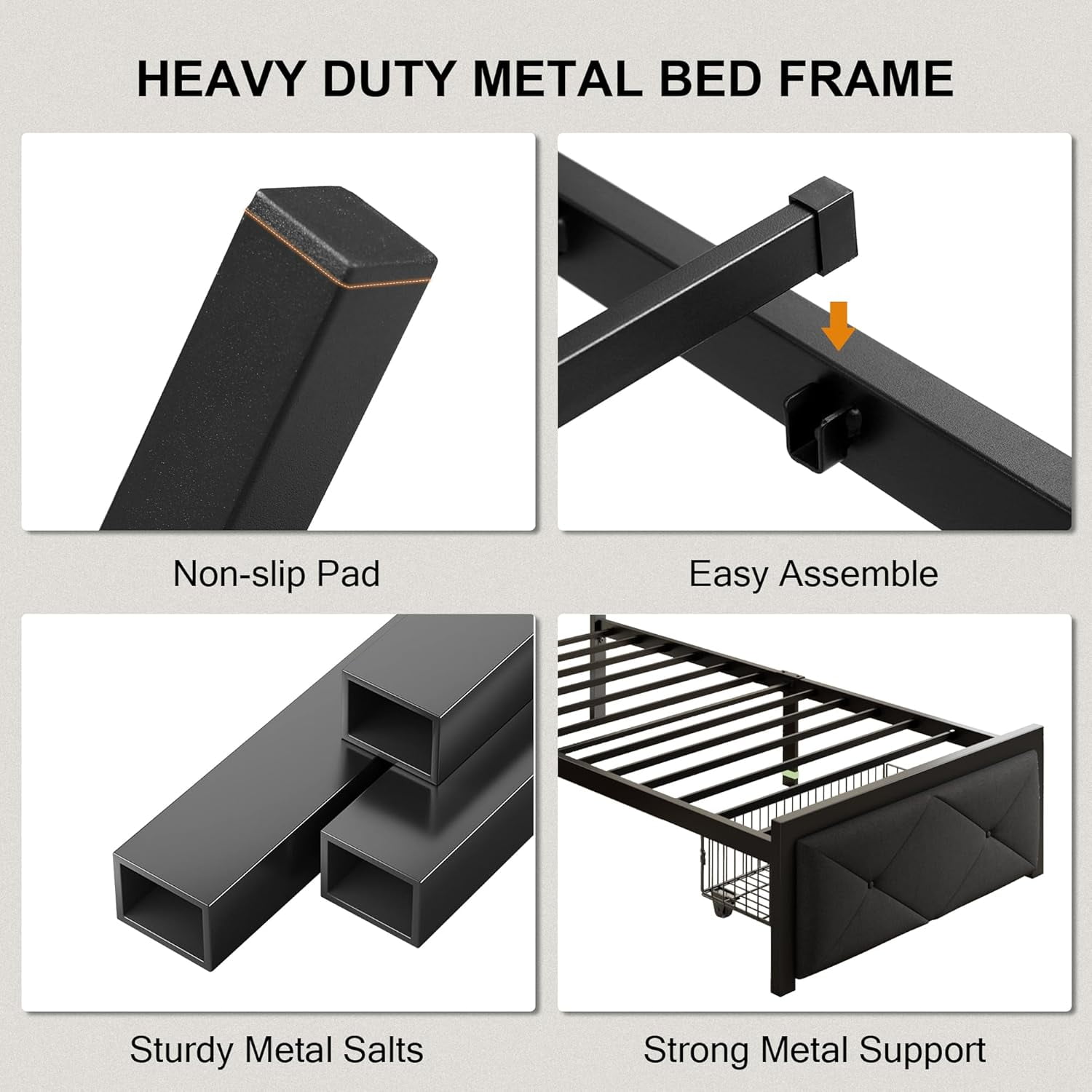 Honfach Twin Bed Frame with Storage Drawer, Metal Platform Bed with Charging Station, Upholstered Button Tufted Storage Headboard,  Black