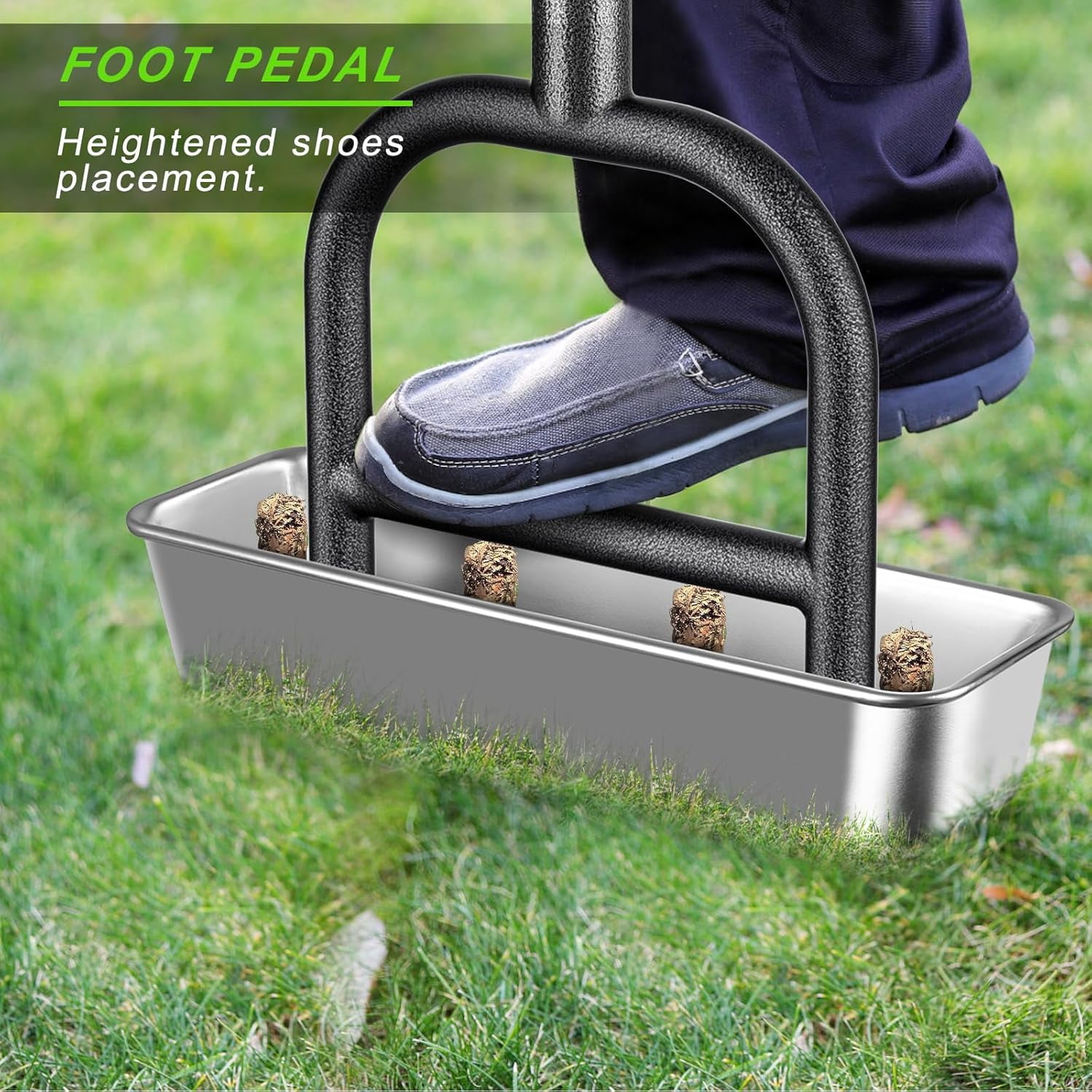 Manual Lawn Aerator with 4 Stainless Steel Coring Tines, Soil Core Storage Tray, and Pre-Assembled Handle for Healthier Grass