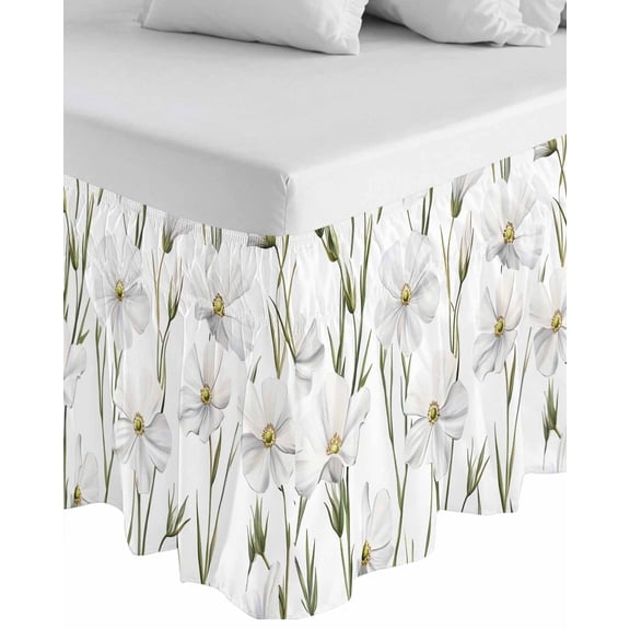 White Floral Wrap Around Bed Skirts for Queen Bed 16" Drop,Bed Skirt with Adjustable Elastic Belt Dust Ruffle Bed Valance for Bedroom Hotel Garden Floral Seasonal Botanical Blooms Bed Frame Cover