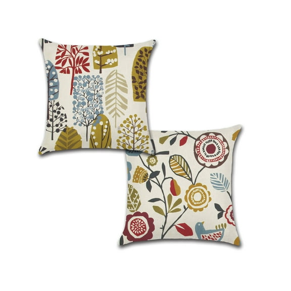 Multicolor Leaves Pattern Design Cotton Linen Fabric, Decorative Indoor Outdoor Throw Pillow Cover Set 18x18